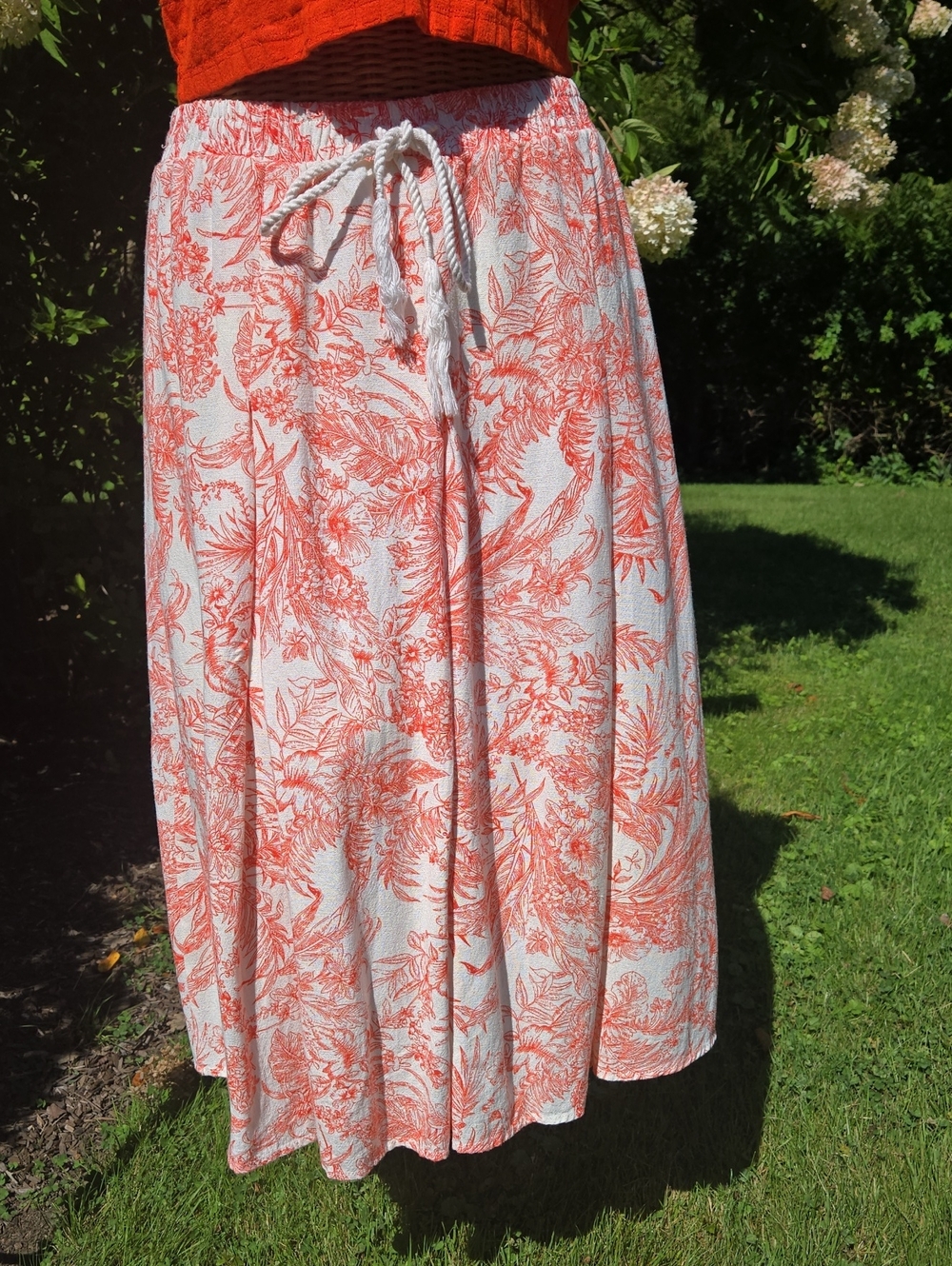 Anthro White and Coral Linen Blend Etoile Skirt